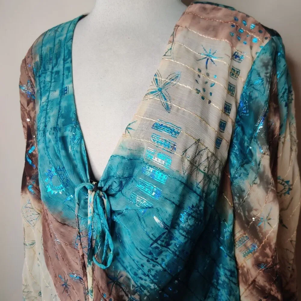 R&M Richards Tunic Top Embroidered‎ Blue Metallic Bell Sleeve